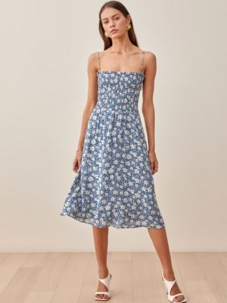 REFORMATION Sable Dress in Marni / strappy blue floral smocked bodice summer dresses - flipped