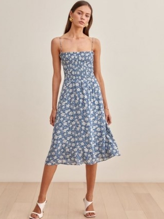 REFORMATION Sable Dress in Marni / strappy blue floral smocked bodice summer dresses