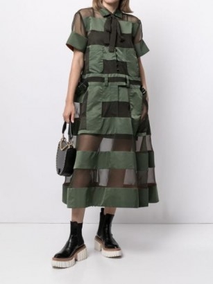 Sacai patchwork panelled shirt dress ~ semi sheer khaki green dresses - flipped