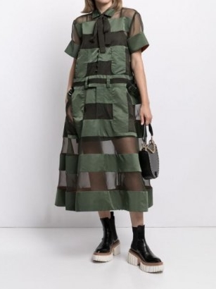 Sacai patchwork panelled shirt dress ~ semi sheer khaki green dresses