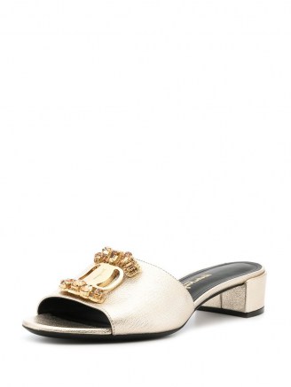 Salvatore Ferragamo Henri 30 open-toe sandals – embellished gold block heel mules - flipped