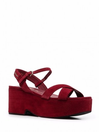 Salvatore Ferragamo red strappy platform block-heel sandals / womens suede platforms / women’s retro footwear - flipped