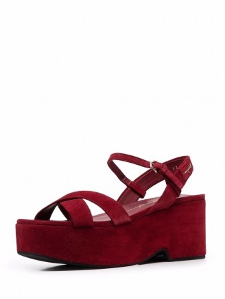 Salvatore Ferragamo red strappy platform block-heel sandals / womens suede platforms / women’s retro footwear