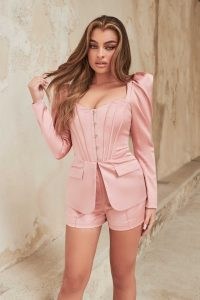 lavish alice satin puff sleeve corset blazer in dusty rose ~ pink luxe occasion blazers ~ women’s fitted occasion jackets