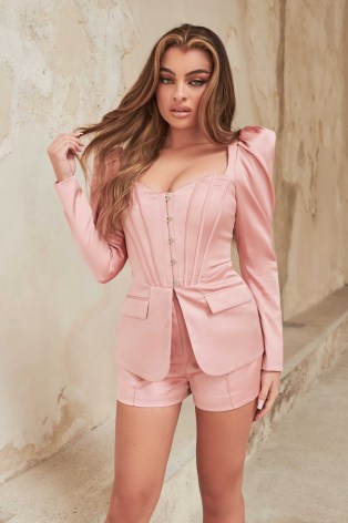lavish alice satin puff sleeve corset blazer in dusty rose ~ pink luxe occasion blazers ~ women’s fitted occasion jackets