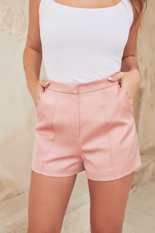 lavish alice satin shorts in dusty rose ~ luxe pink tailored evening shorts