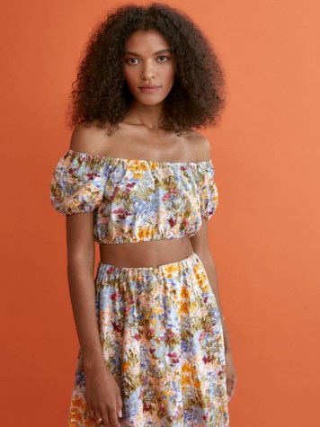 REFORMATION Scallop Linen Top / floral cropped bardot tops / off the shoulder - flipped