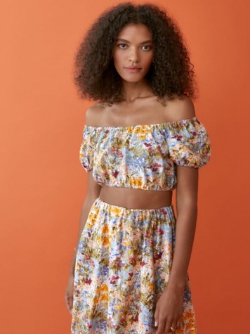 REFORMATION Scallop Linen Top / floral cropped bardot tops / off the shoulder