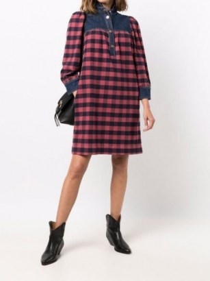 See by Chloé panelled checked shirt dress in indigo-blue / taffy-pink | denim panel dresses | womens casual designer fashion - flipped