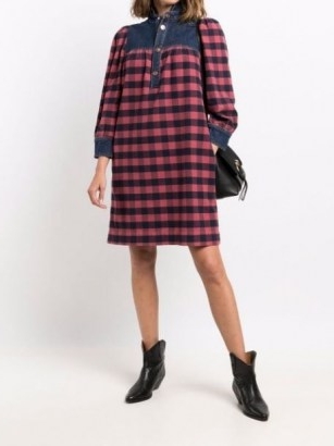 See by Chloé panelled checked shirt dress in indigo-blue / taffy-pink | denim panel dresses | womens casual designer fashion