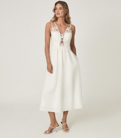 REISS SERENA LACE DETAILED MIDI DRESS WHITE / feminine strappy summer dresses / womens occasionwear - flipped