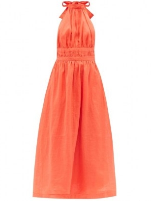 ZIMMERMANN Shelly orange halterneck linen midi dress ~ bright summer halter dresses