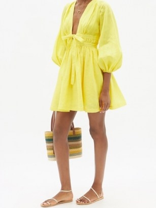 ZIMMERMANN Shelly yellow plunge-neckline linen mini dress ~ linen balloon sleeve flared hem summer dresses - flipped