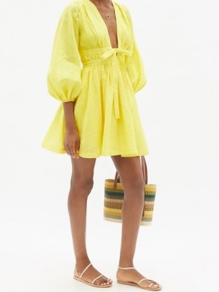 ZIMMERMANN Shelly yellow plunge-neckline linen mini dress ~ linen balloon sleeve flared hem summer dresses