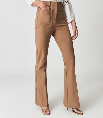 REISS SIAN HIGH RISE SKINNY FLARED TROUSERS CAMEL ~ womens brown retro flares ~ women’s 70s style vintage high waist flare hem pants - flipped