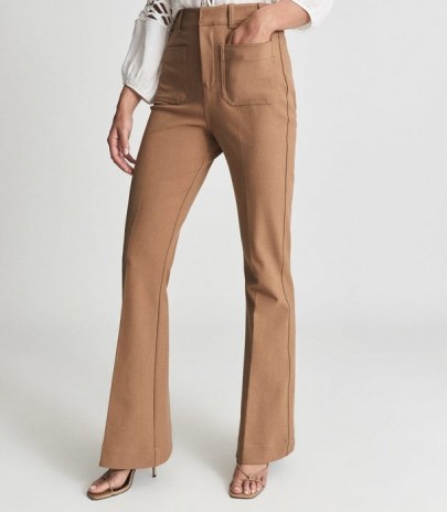 REISS SIAN HIGH RISE SKINNY FLARED TROUSERS CAMEL ~ womens brown retro flares ~ women’s 70s style vintage high waist flare hem pants