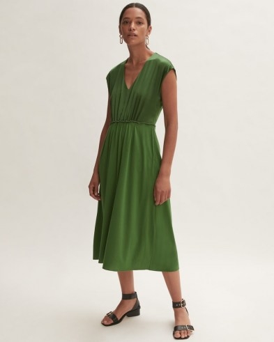 JIGSAW SILK FRONT RUCHED WAIST DRESS / womens green jersey dresses - flipped