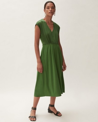 JIGSAW SILK FRONT RUCHED WAIST DRESS / womens green jersey dresses