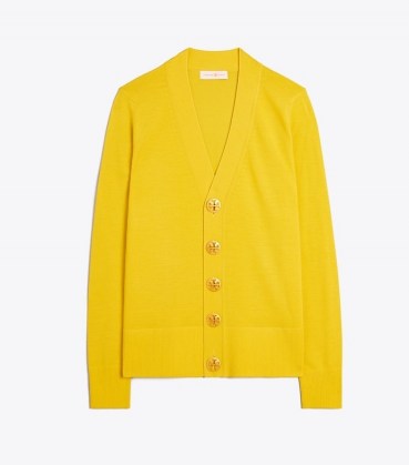 Tory Burch SIMONE CARDIGAN Golden Chartreuse ~ women’s bright V-neck merino wool cardigans - flipped
