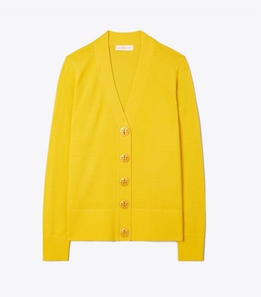 Tory Burch SIMONE CARDIGAN Golden Chartreuse ~ women’s bright V-neck merino wool cardigans