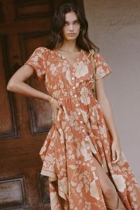 SPELL SLOAN GOWN Ochre / womens floral fitted waist dresses with flared skirt / front button down / women’s boho fashion / bohemian summer duster coat