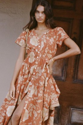 SPELL SLOAN GOWN Ochre / womens floral fitted waist dresses with flared skirt / front button down / women’s boho fashion / bohemian summer duster coat - flipped