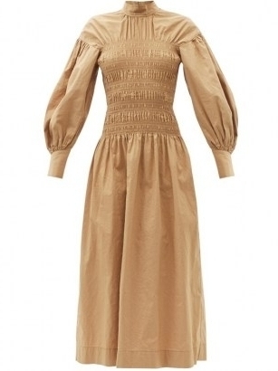 GANNI Smocked-bodice organic cotton-blend midi dress in beige – balloon sleeve high neck dresses - flipped