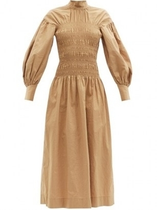 GANNI Smocked-bodice organic cotton-blend midi dress in beige – balloon sleeve high neck dresses