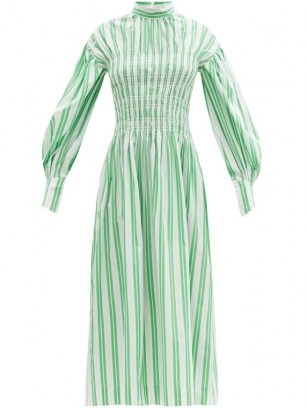 GANNI Smocked-bodice striped cotton-poplin midi dress in green - flipped