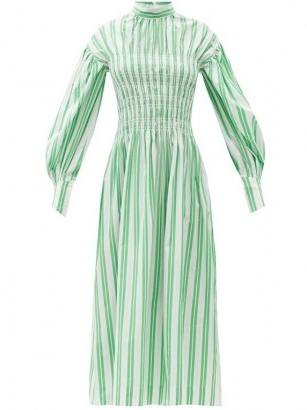 GANNI Smocked-bodice striped cotton-poplin midi dress in green