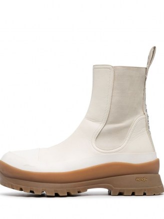 Stella McCartney Trace logo-print boots in cream / beige ~ womens faux leather chelsea style ankle boot - flipped