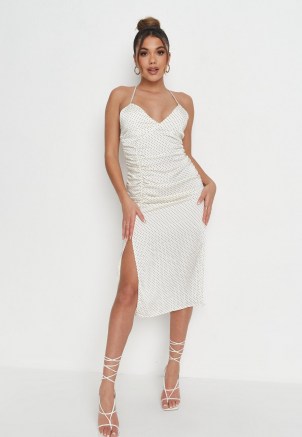 Missguided tall cream polka dot satin ruched midi dress | thigh high split going out dresses | slit hem | womens party fashion | strappy evening clothing - flipped