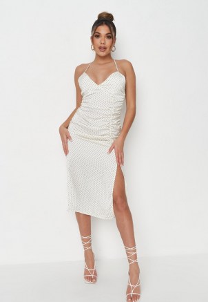 Missguided tall cream polka dot satin ruched midi dress | thigh high split going out dresses | slit hem | womens party fashion | strappy evening clothing