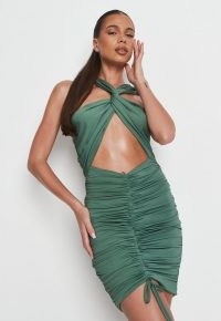 MISSGUIDED tall khaki slinky wrap front ruched mini dress ~ green cut out party dresses ~ glamorous on trend going out dresses ~ womens evening glamour