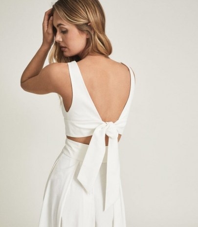REISS TAMMI CROP TOP WITH BOW DETAIL WHITE ~ deep plunge front summer tops - flipped