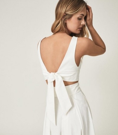 REISS TAMMI CROP TOP WITH BOW DETAIL WHITE ~ deep plunge front summer tops