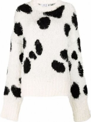 The Attico cow-print knitted jumper | black and white fluffy mohair slouchy sleeve jumpers | monochrome animal print drop shoulder sweater | wowmen’s knitwear - flipped