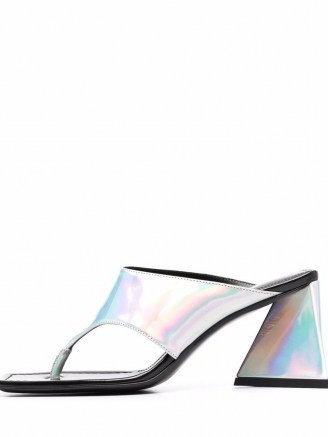 The Attico iridescent-effect thong-strap sandals – chunky heel square toe sandal – silver tone block heels