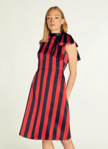 L.K. BENNETT TIGGY NAVY AND RED STRIPE BOW NECK DRESS ~ sleeveless A-line occasion dresses - flipped