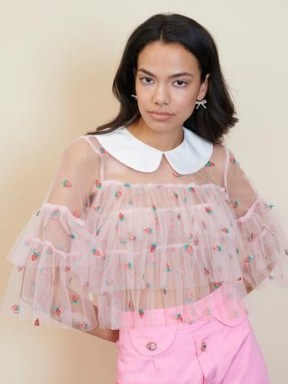 sister jane STRAWBERRY COURT Backspin Berry Ruffle Top / sheer ruffled embroidered fruit blouse / romantic style tops - flipped