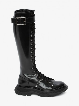 ALEXANDER MCQUEEN Tread Lace Up Boot / womens shiny leather knee high boot