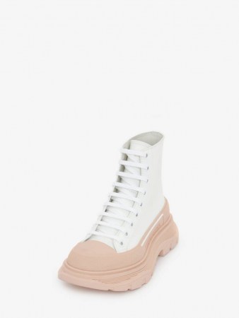 ALEXANDER MCQUEEN Tread Slick Boot WHITE / TEA ROSE ~ womens chunky pink sole lace up combat boots - flipped