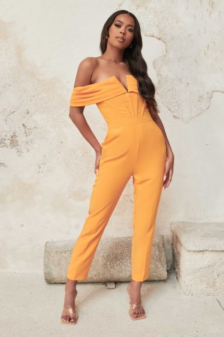 LAVISH ALICE v front bardot jumpsuit in orange / bright off the shoulder jumpsuits