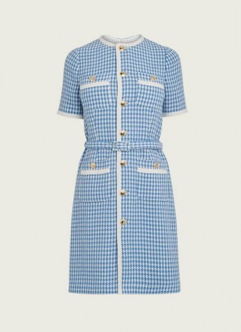 L.K. BENNETT VALENTINA BLUE AND CREAM HOUNDSTOOTH TWEED DRESS ~ vintage style dresses - flipped