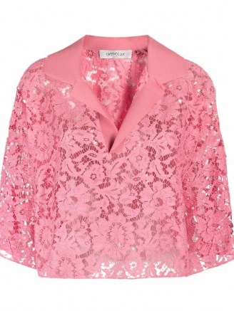 Valentino pink lace cropped blouse / semi sheer floral crop hem blouses - flipped