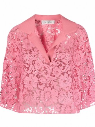 Valentino pink lace cropped blouse / semi sheer floral crop hem blouses