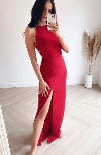 Vesper Melodie Red maxi dress ~ thigh high slit hem evening dresses