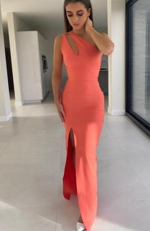 Vesper Wren Coral Maxi Dress ~ glamorous front cut out occasion dresses - flipped