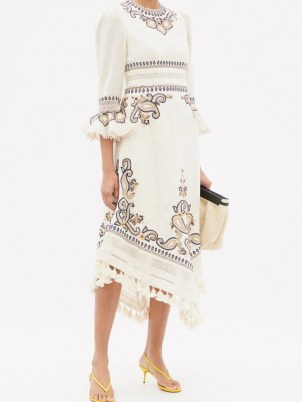 ZIMMERMANN Aliane paisley-embroidered linen-canvas dress / chic tassel trim boho style dresses - flipped