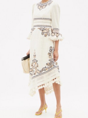 ZIMMERMANN Aliane paisley-embroidered linen-canvas dress / chic tassel trim boho style dresses